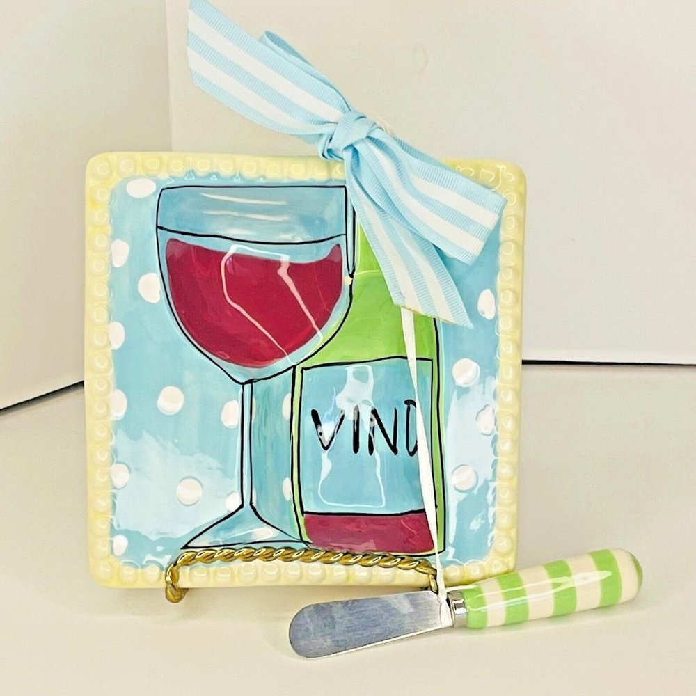 Mud Pie Vino Cheese Bowl Appetizer Dip Spread And knife Pastel With Polka Dots